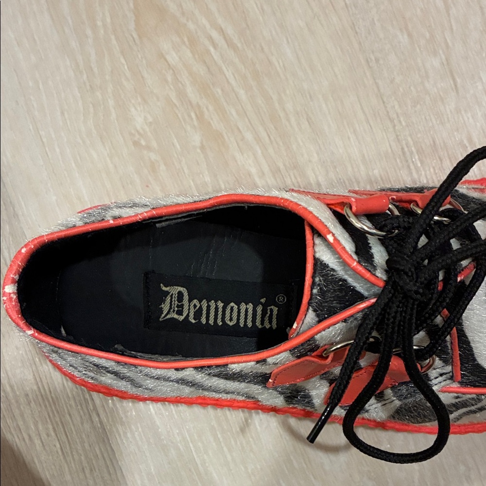 Demonia Zebra Print Creepers with Hot Pink Soles - Picture 3 of 6